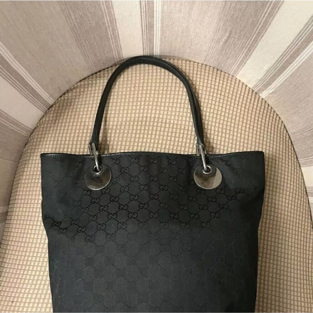 Authentic GUCCI BLACK ECLIPE  Monogram Fabric & LEATHER Tote Bag  120836-112958